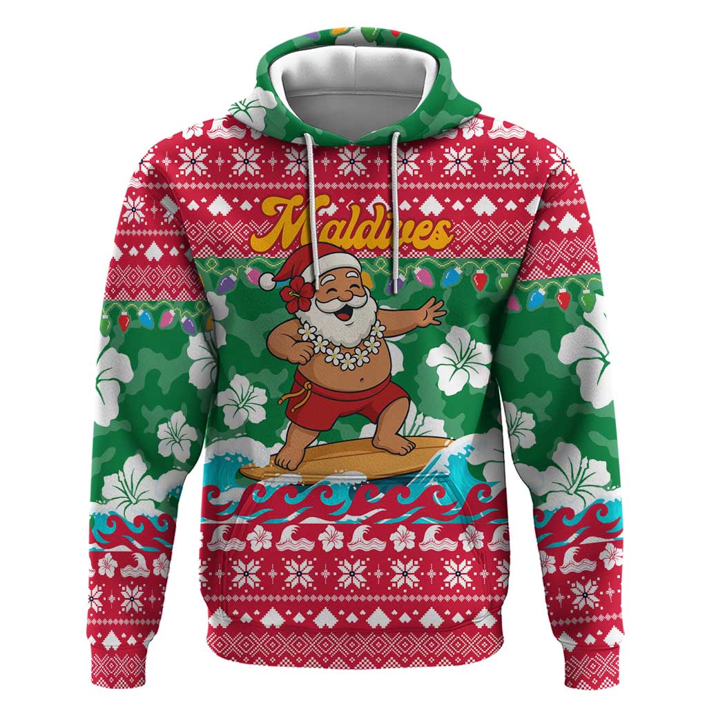 Maldives Christmas Zip Hoodie with Surfing Santa Claus Tropical Flowers and Holiday Wave - Wonder Print Shop