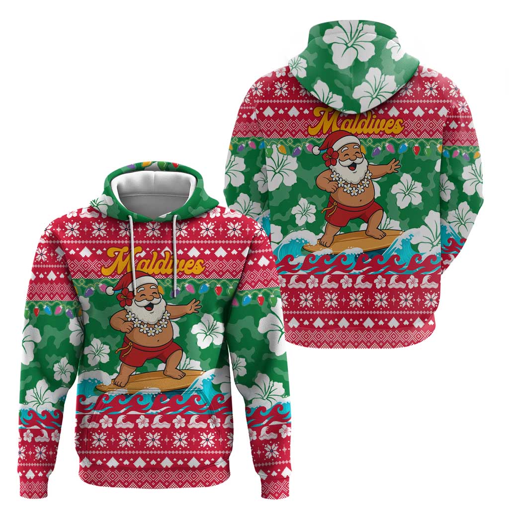 Maldives Christmas Zip Hoodie with Surfing Santa Claus Tropical Flowers and Holiday Wave - Wonder Print Shop