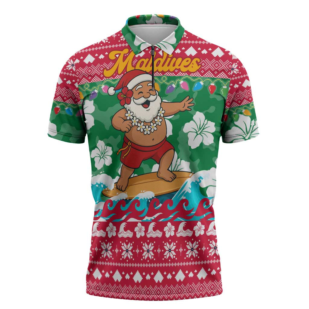 Maldives Christmas Zipper Polo Shirt with Surfing Santa Claus Tropical Flowers and Holiday Wave - Wonder Print Shop