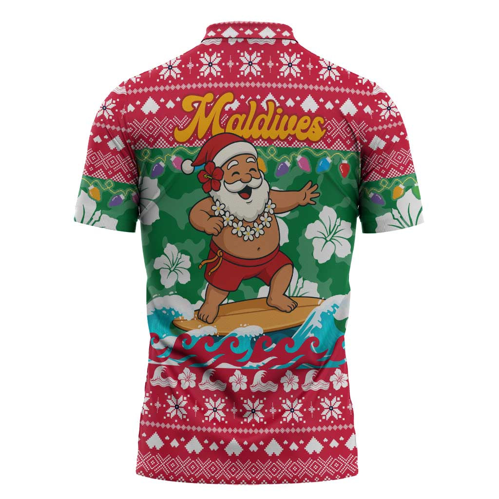 Maldives Christmas Zipper Polo Shirt with Surfing Santa Claus Tropical Flowers and Holiday Wave - Wonder Print Shop