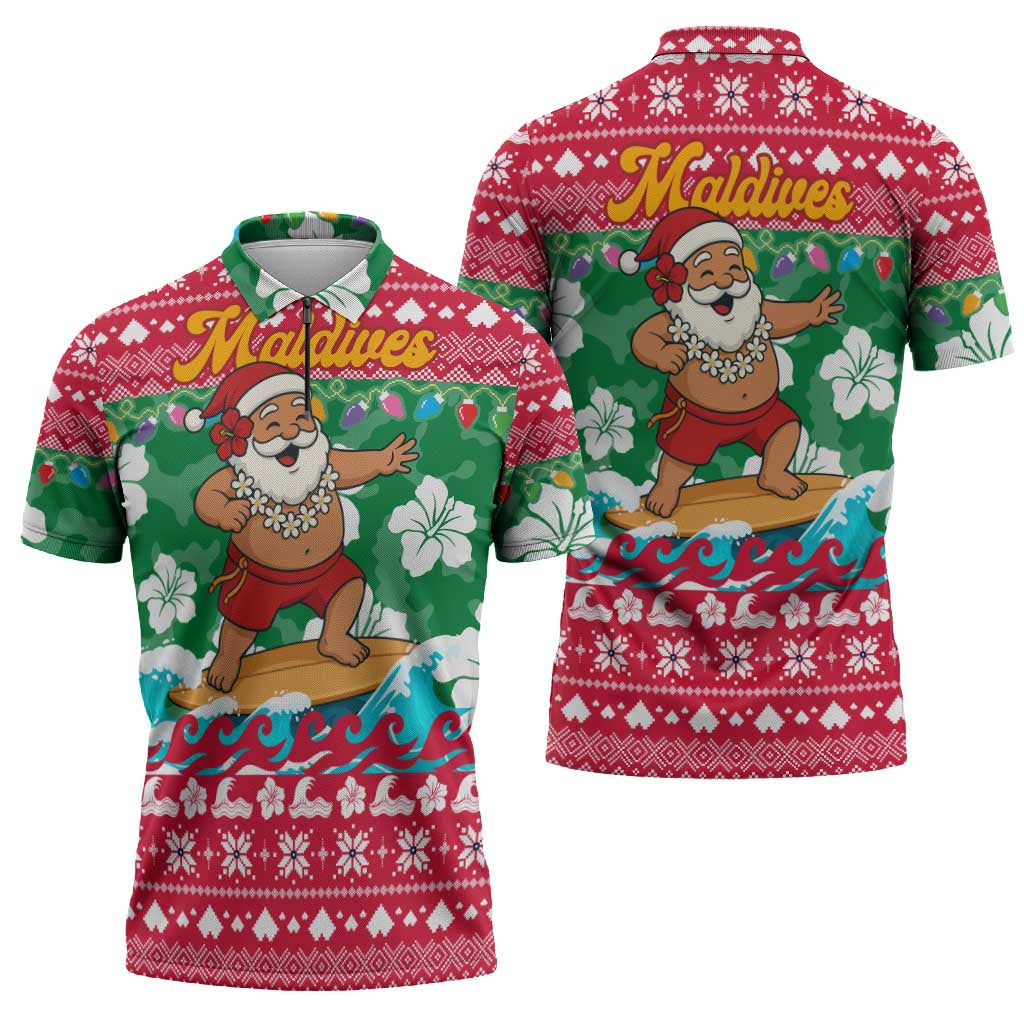 Maldives Christmas Zipper Polo Shirt with Surfing Santa Claus Tropical Flowers and Holiday Wave - Wonder Print Shop