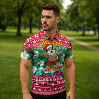 Maldives Christmas Zipper Polo Shirt with Surfing Santa Claus Tropical Flowers and Holiday Wave - Wonder Print Shop