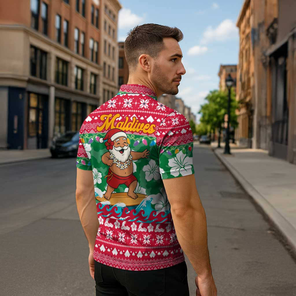 Maldives Christmas Zipper Polo Shirt with Surfing Santa Claus Tropical Flowers and Holiday Wave - Wonder Print Shop