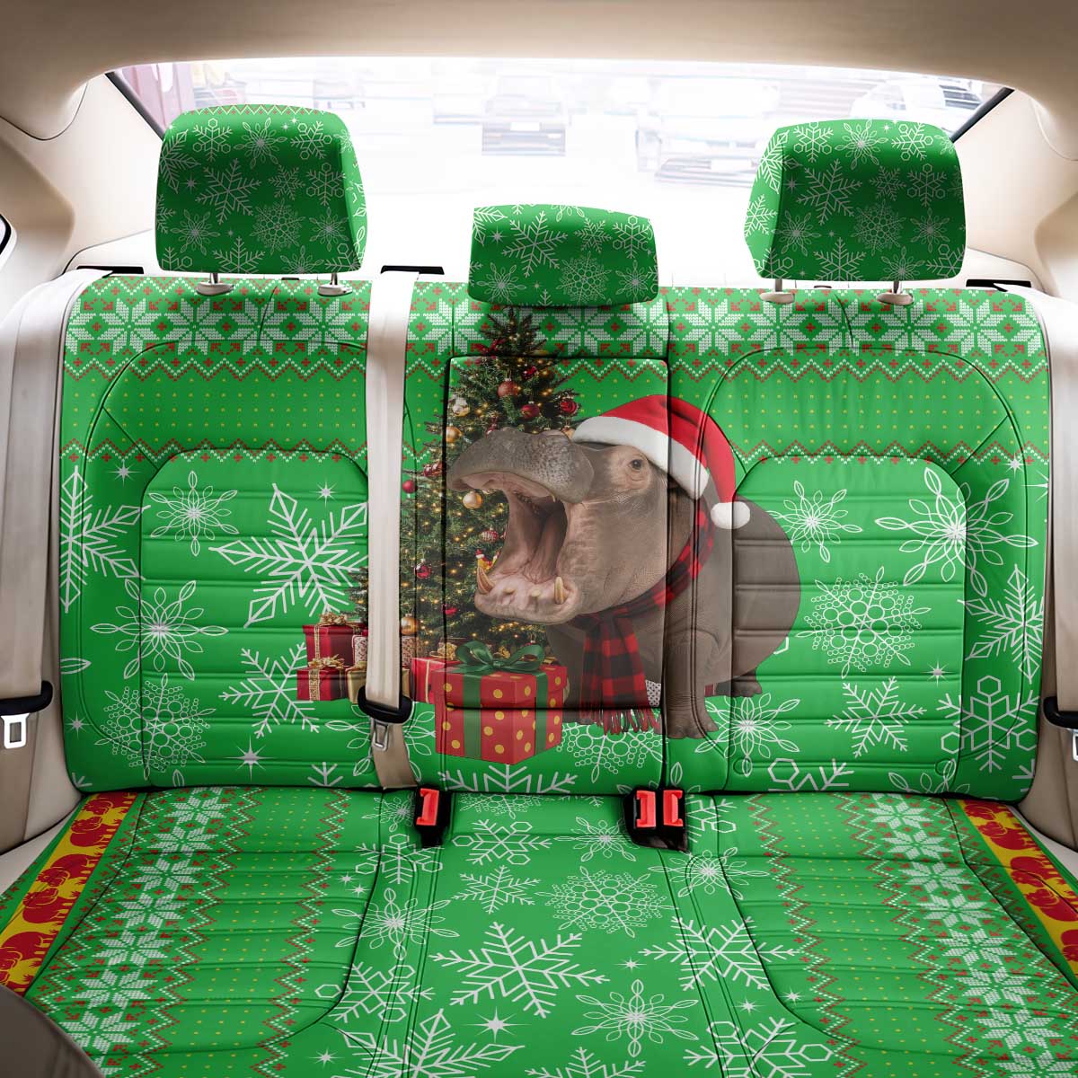 Mali Christmas Back Car Seat Cover with Hippo Santa Hat Snowflakes and Holiday Gift - Wonder Print Shop