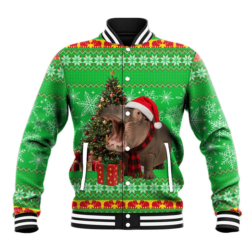 Mali Christmas Baseball Jacket with Hippo Santa Hat Snowflakes and Holiday Gift - Wonder Print Shop