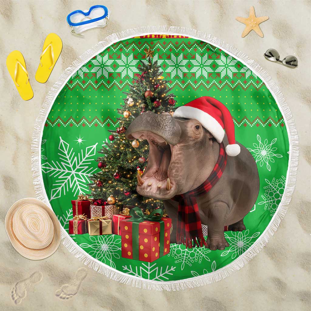 Mali Christmas Beach Blanket with Hippo Santa Hat Snowflakes and Holiday Gift - Wonder Print Shop