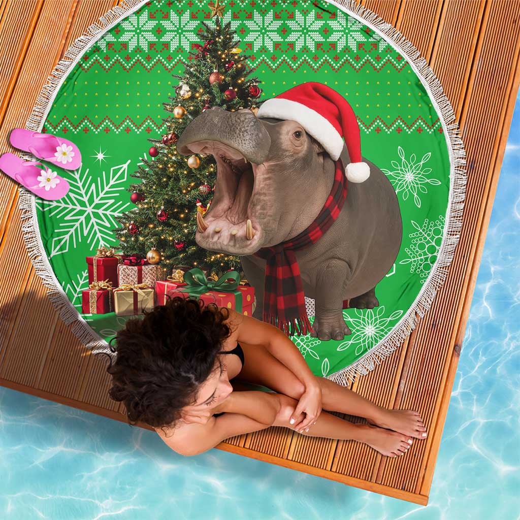 Mali Christmas Beach Blanket with Hippo Santa Hat Snowflakes and Holiday Gift - Wonder Print Shop