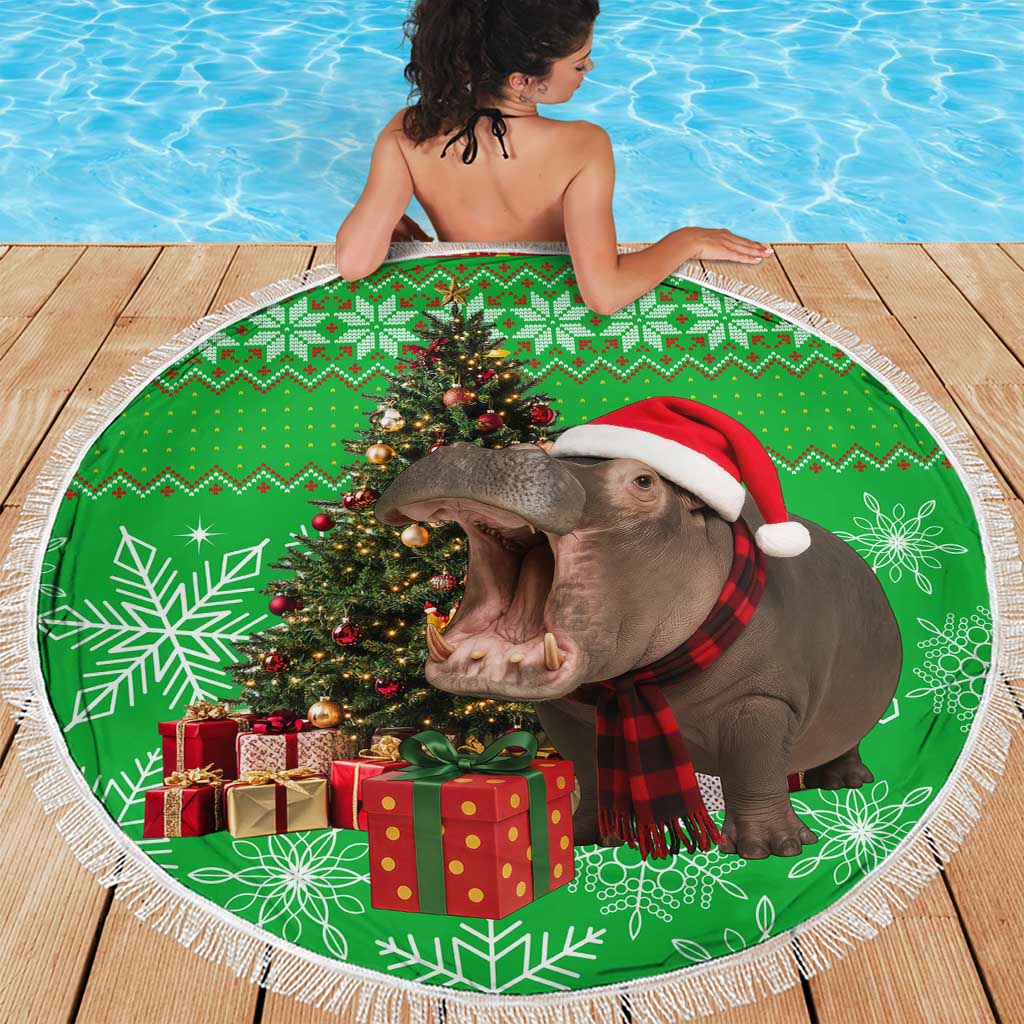 Mali Christmas Beach Blanket with Hippo Santa Hat Snowflakes and Holiday Gift - Wonder Print Shop