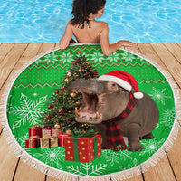 Mali Christmas Beach Blanket with Hippo Santa Hat Snowflakes and Holiday Gift - Wonder Print Shop
