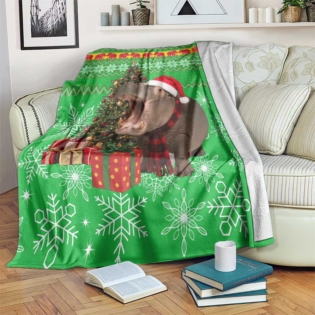 Mali Christmas Blanket with Hippo Santa Hat Snowflakes and Holiday Gift - Wonder Print Shop