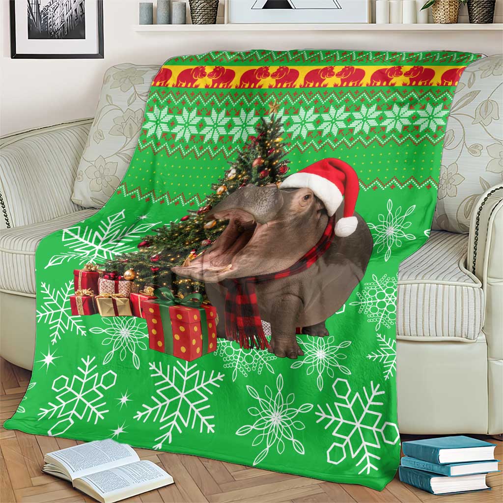 Mali Christmas Blanket with Hippo Santa Hat Snowflakes and Holiday Gift - Wonder Print Shop