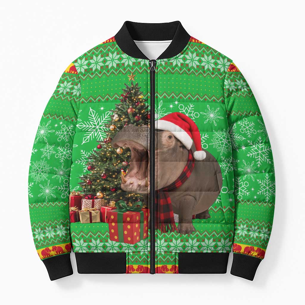 Mali Christmas Bomber Puffer Jacket with Hippo Santa Hat Snowflakes and Holiday Gift - Wonder Print Shop