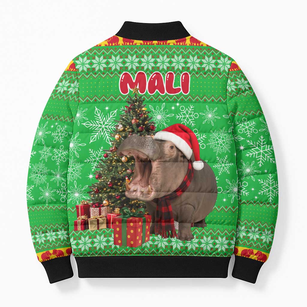 Mali Christmas Bomber Puffer Jacket with Hippo Santa Hat Snowflakes and Holiday Gift - Wonder Print Shop