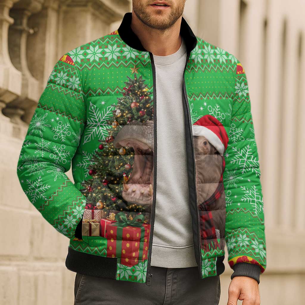 Mali Christmas Bomber Puffer Jacket with Hippo Santa Hat Snowflakes and Holiday Gift - Wonder Print Shop