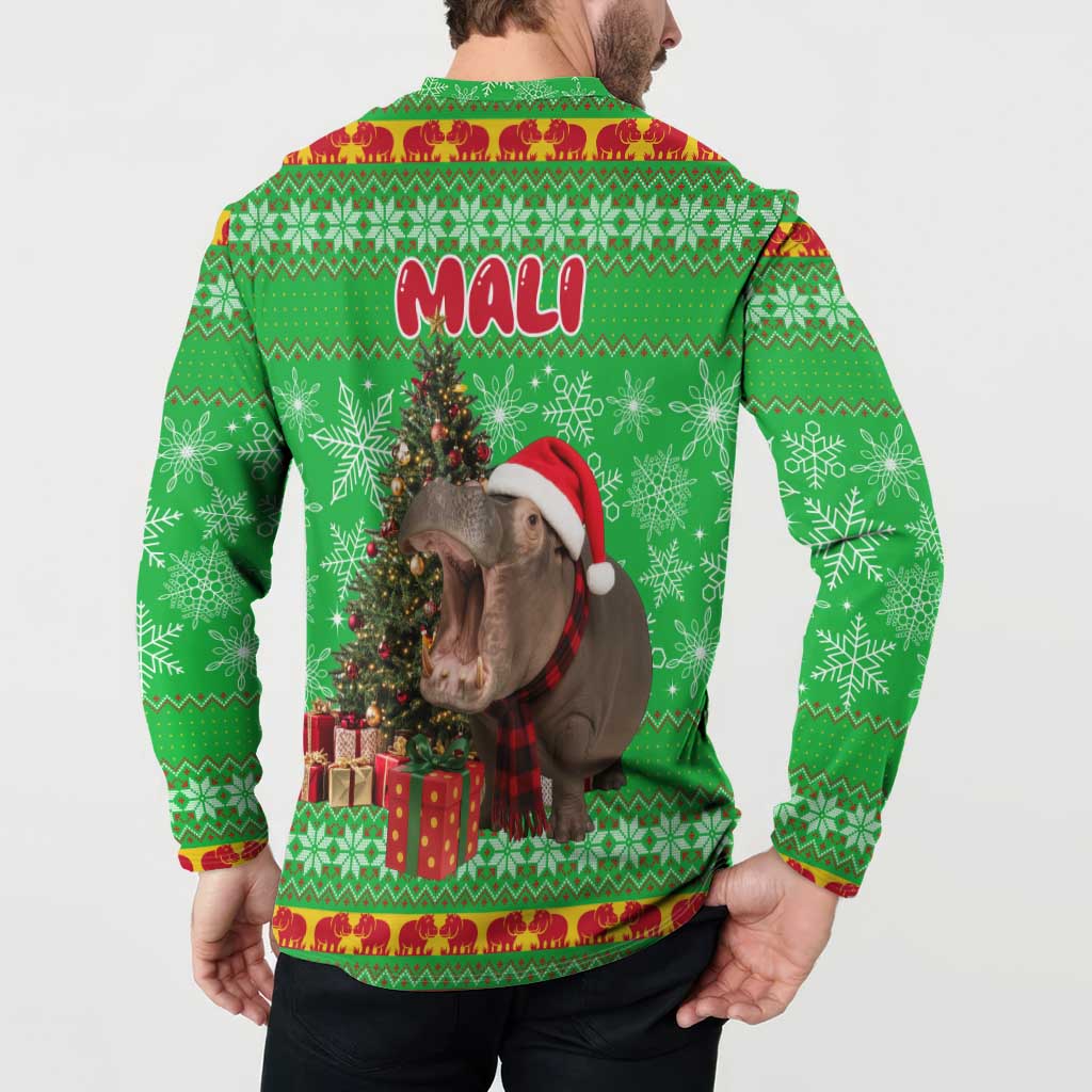 Mali Christmas Button Sweatshirt with Hippo Santa Hat Snowflakes and Holiday Gift - Wonder Print Shop