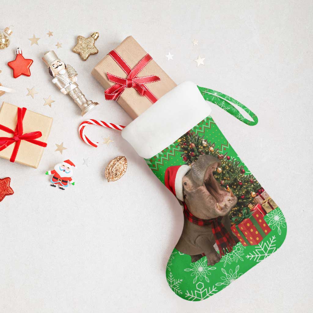 Mali Christmas Stocking with Hippo Santa Hat Snowflakes and Holiday Gift - Wonder Print Shop