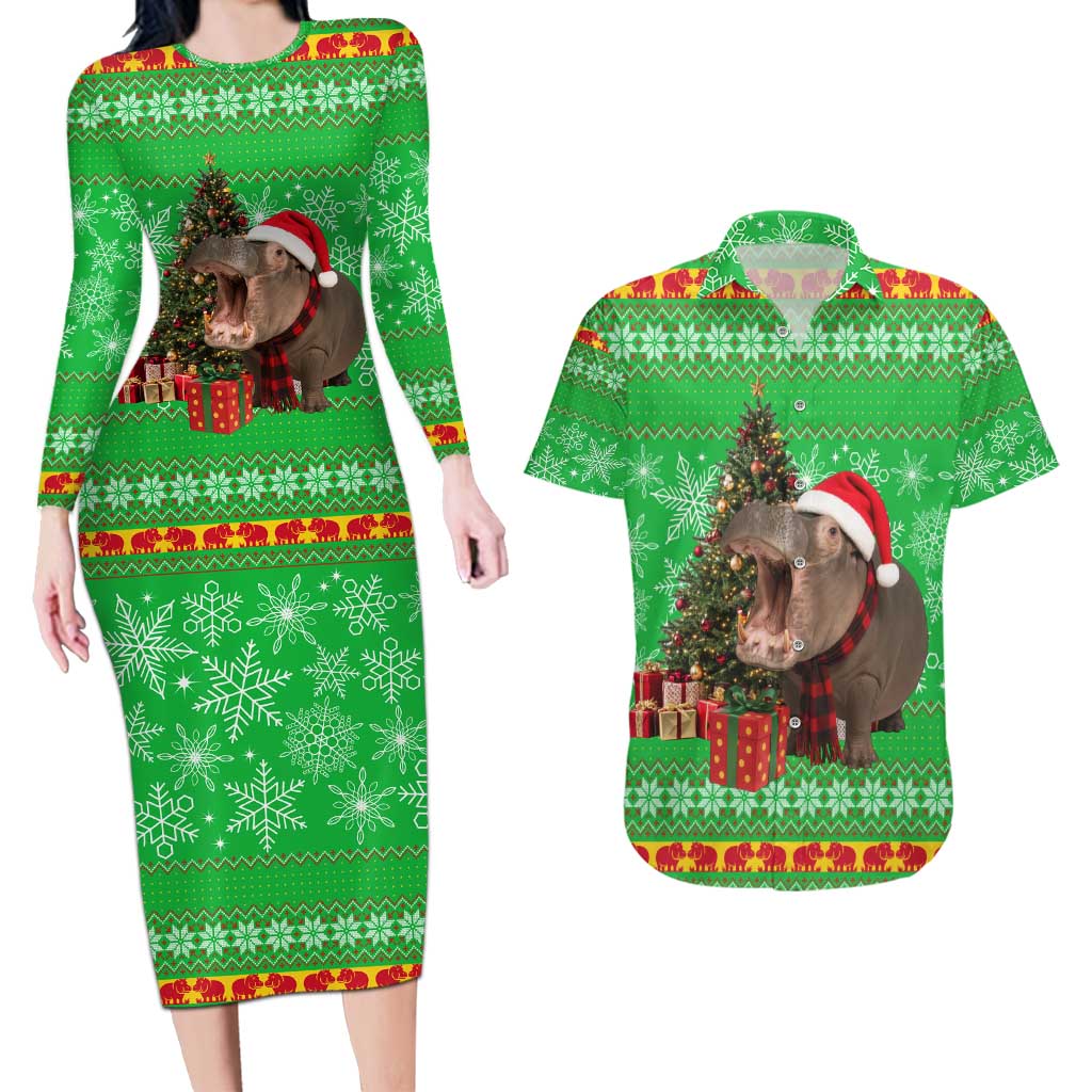 Mali Christmas Couples Matching Long Sleeve Bodycon Dress and Hawaiian Shirt with Hippo Santa Hat Snowflakes and Holiday Gift - Wonder Print Shop