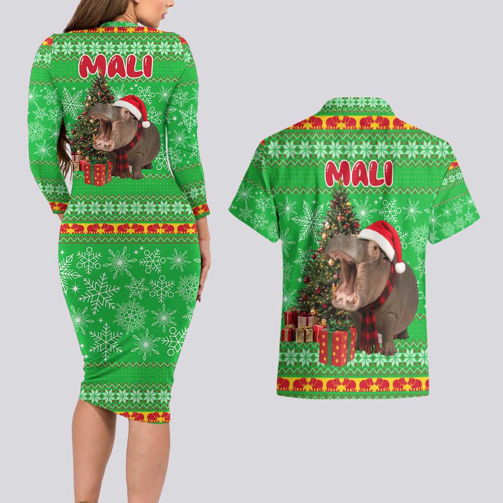Mali Christmas Couples Matching Long Sleeve Bodycon Dress and Hawaiian Shirt with Hippo Santa Hat Snowflakes and Holiday Gift - Wonder Print Shop