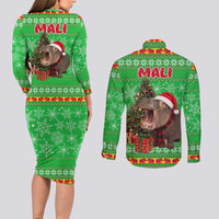 Mali Christmas Couples Matching Long Sleeve Bodycon Dress and Long Sleeve Button Shirt with Hippo Santa Hat Snowflakes and Holiday Gift - Wonder Print Shop