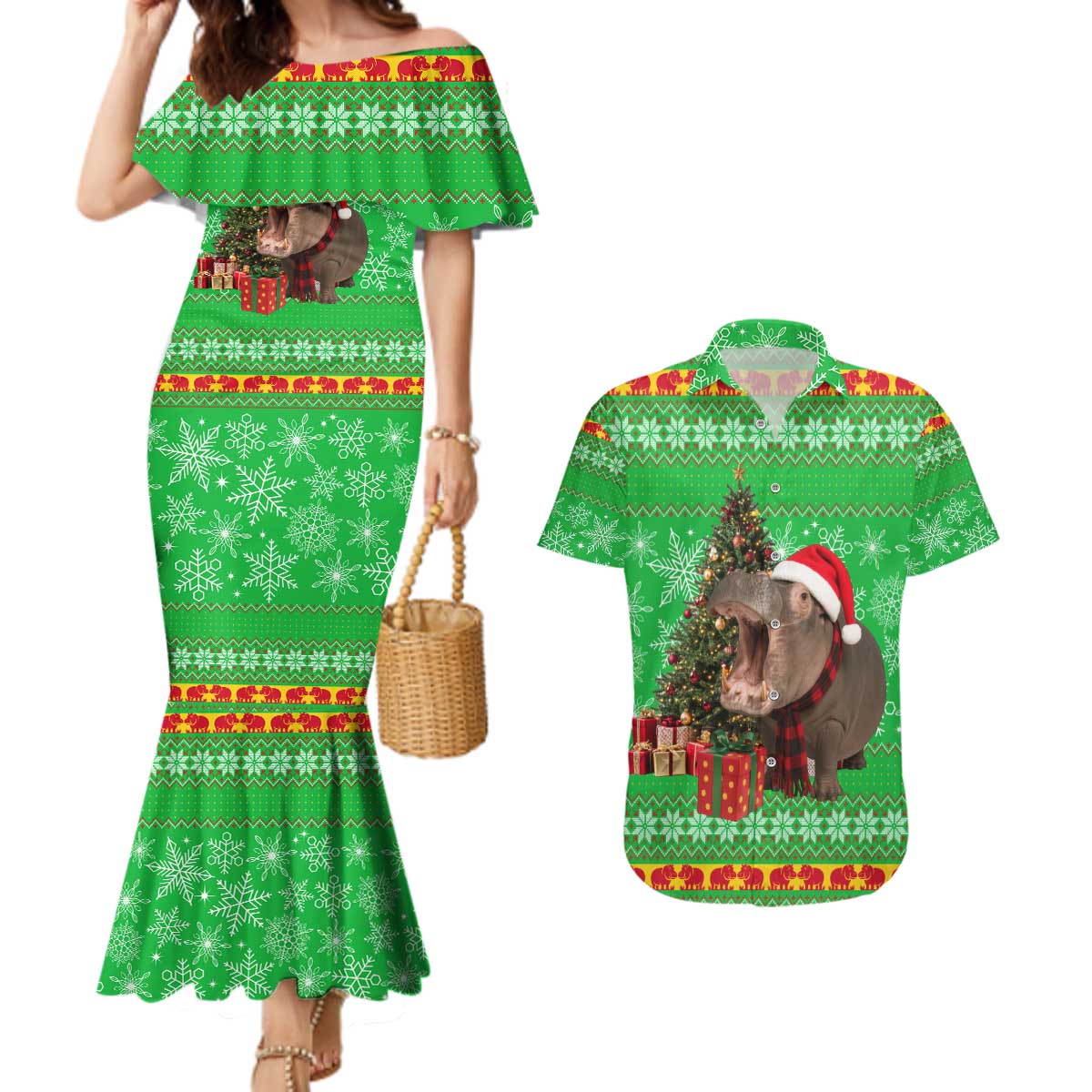 Mali Christmas Couples Matching Mermaid Dress and Hawaiian Shirt with Hippo Santa Hat Snowflakes and Holiday Gift - Wonder Print Shop