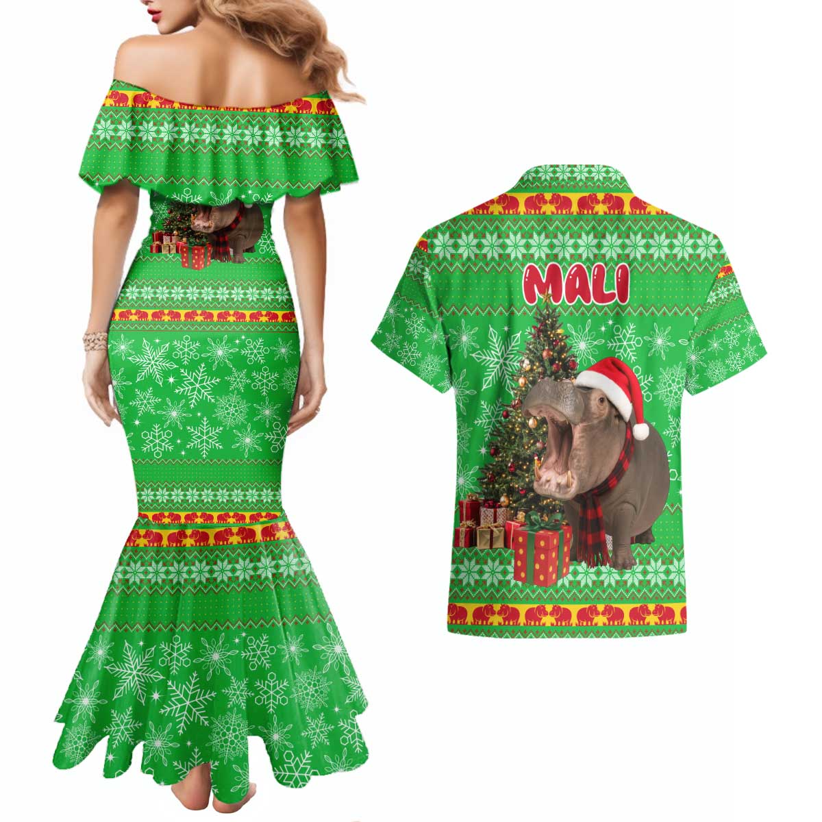 Mali Christmas Couples Matching Mermaid Dress and Hawaiian Shirt with Hippo Santa Hat Snowflakes and Holiday Gift - Wonder Print Shop