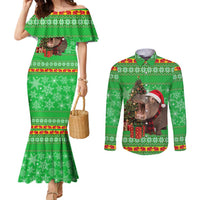 Mali Christmas Couples Matching Mermaid Dress and Long Sleeve Button Shirt with Hippo Santa Hat Snowflakes and Holiday Gift - Wonder Print Shop