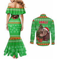 Mali Christmas Couples Matching Mermaid Dress and Long Sleeve Button Shirt with Hippo Santa Hat Snowflakes and Holiday Gift - Wonder Print Shop
