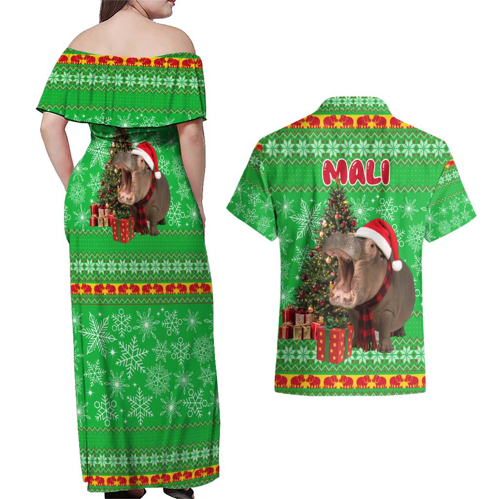 Mali Christmas Couples Matching Off Shoulder Maxi Dress and Hawaiian Shirt with Hippo Santa Hat Snowflakes and Holiday Gift - Wonder Print Shop