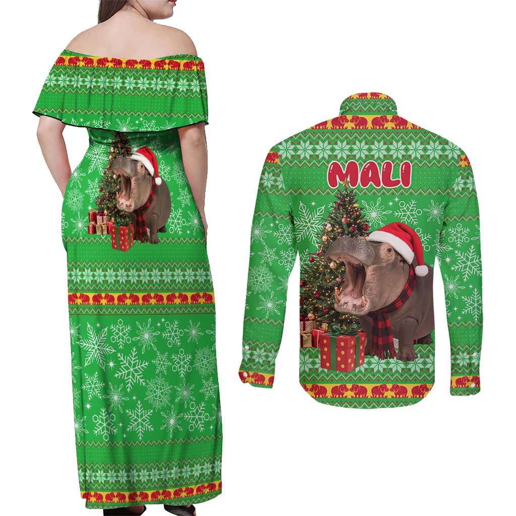 Mali Christmas Couples Matching Off Shoulder Maxi Dress and Long Sleeve Button Shirt with Hippo Santa Hat Snowflakes and Holiday Gift - Wonder Print Shop