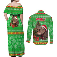 Mali Christmas Couples Matching Off Shoulder Maxi Dress and Long Sleeve Button Shirt with Hippo Santa Hat Snowflakes and Holiday Gift - Wonder Print Shop
