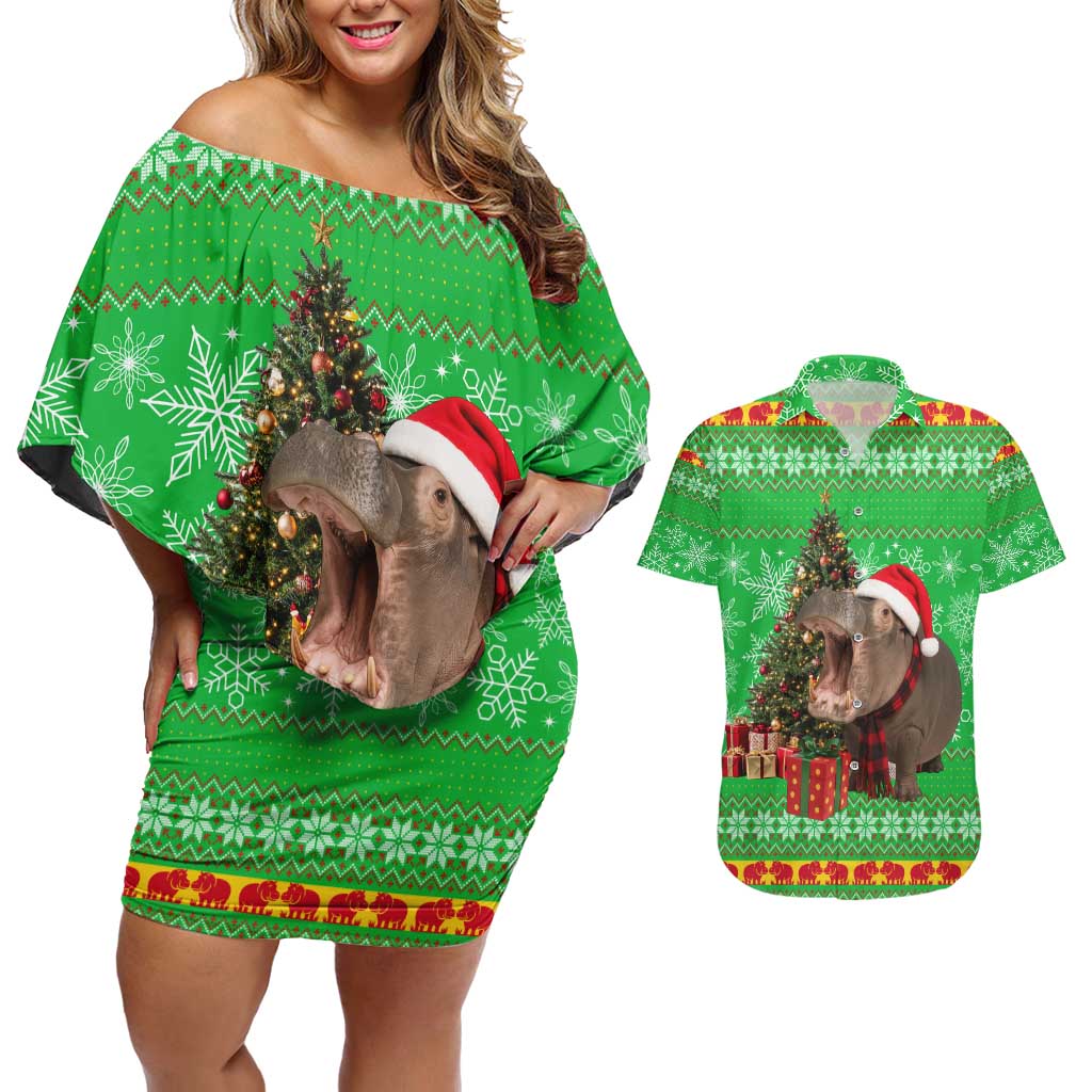 Mali Christmas Couples Matching Off Shoulder Short Dress and Hawaiian Shirt with Hippo Santa Hat Snowflakes and Holiday Gift - Wonder Print Shop