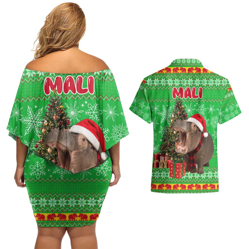 Mali Christmas Couples Matching Off Shoulder Short Dress and Hawaiian Shirt with Hippo Santa Hat Snowflakes and Holiday Gift - Wonder Print Shop