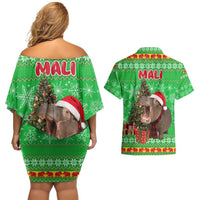 Mali Christmas Couples Matching Off Shoulder Short Dress and Hawaiian Shirt with Hippo Santa Hat Snowflakes and Holiday Gift - Wonder Print Shop
