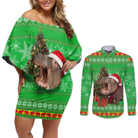 Mali Christmas Couples Matching Off Shoulder Short Dress and Long Sleeve Button Shirt with Hippo Santa Hat Snowflakes and Holiday Gift - Wonder Print Shop