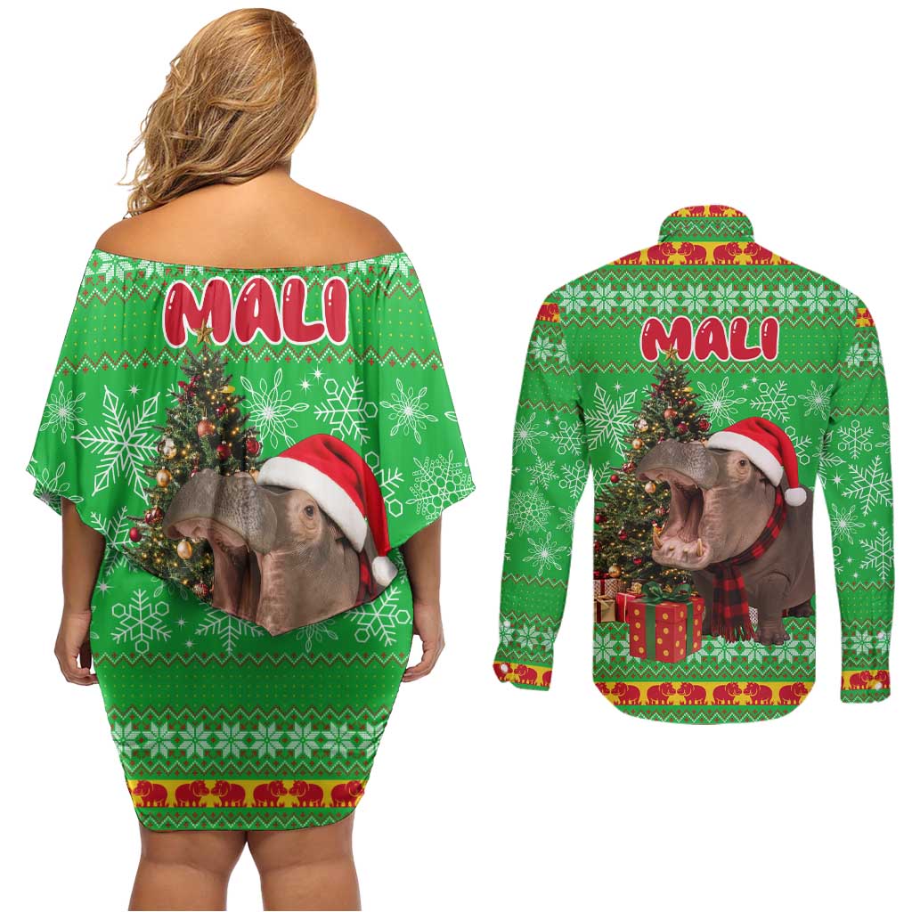 Mali Christmas Couples Matching Off Shoulder Short Dress and Long Sleeve Button Shirt with Hippo Santa Hat Snowflakes and Holiday Gift - Wonder Print Shop