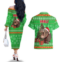 Mali Christmas Couples Matching Off The Shoulder Long Sleeve Dress and Hawaiian Shirt with Hippo Santa Hat Snowflakes and Holiday Gift - Wonder Print Shop