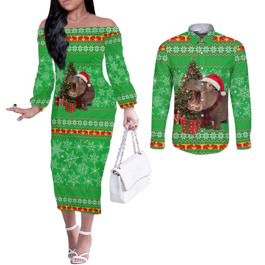 Mali Christmas Couples Matching Off The Shoulder Long Sleeve Dress and Long Sleeve Button Shirt with Hippo Santa Hat Snowflakes and Holiday Gift - Wonder Print Shop
