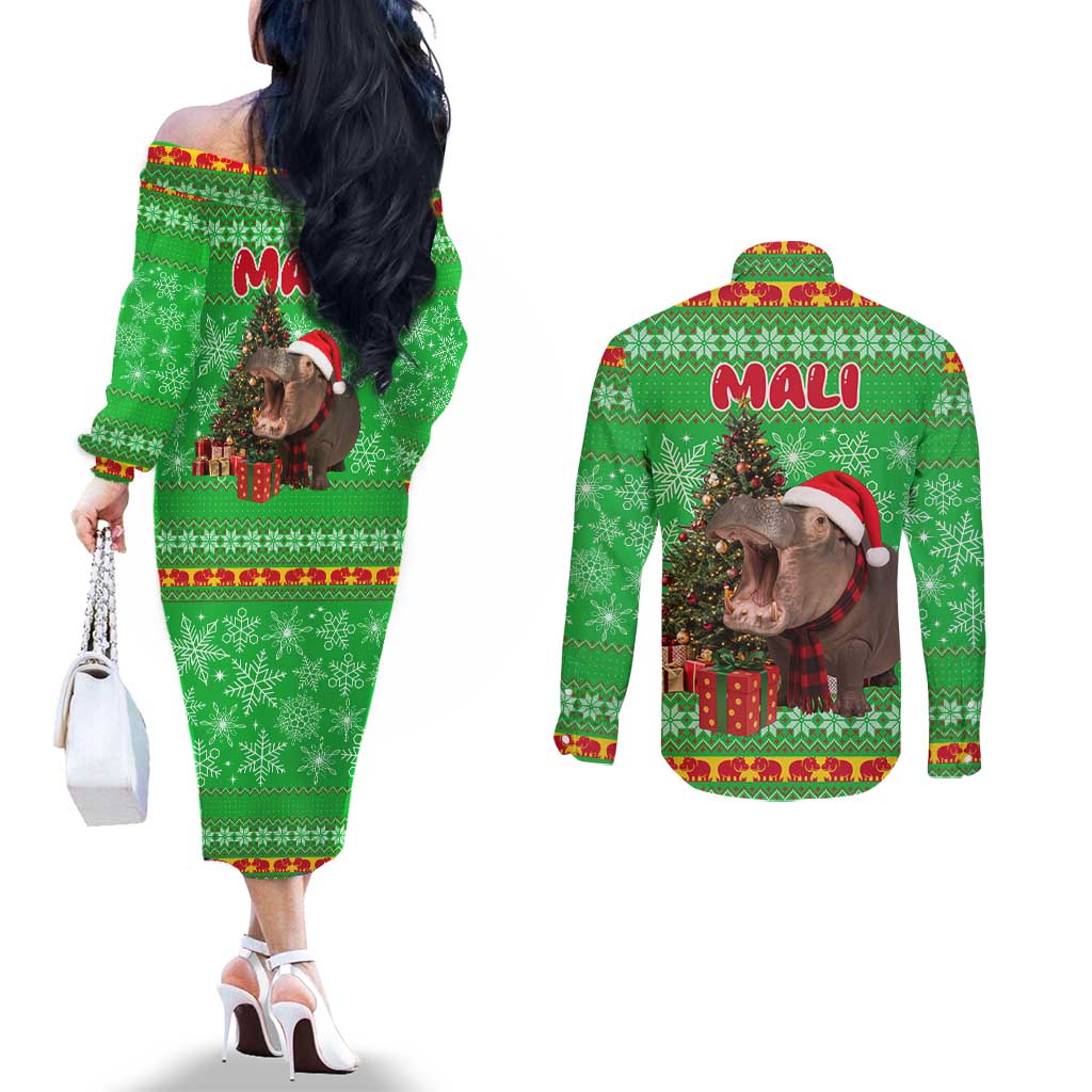 Mali Christmas Couples Matching Off The Shoulder Long Sleeve Dress and Long Sleeve Button Shirt with Hippo Santa Hat Snowflakes and Holiday Gift - Wonder Print Shop