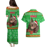 Mali Christmas Couples Matching Puletasi and Hawaiian Shirt with Hippo Santa Hat Snowflakes and Holiday Gift - Wonder Print Shop