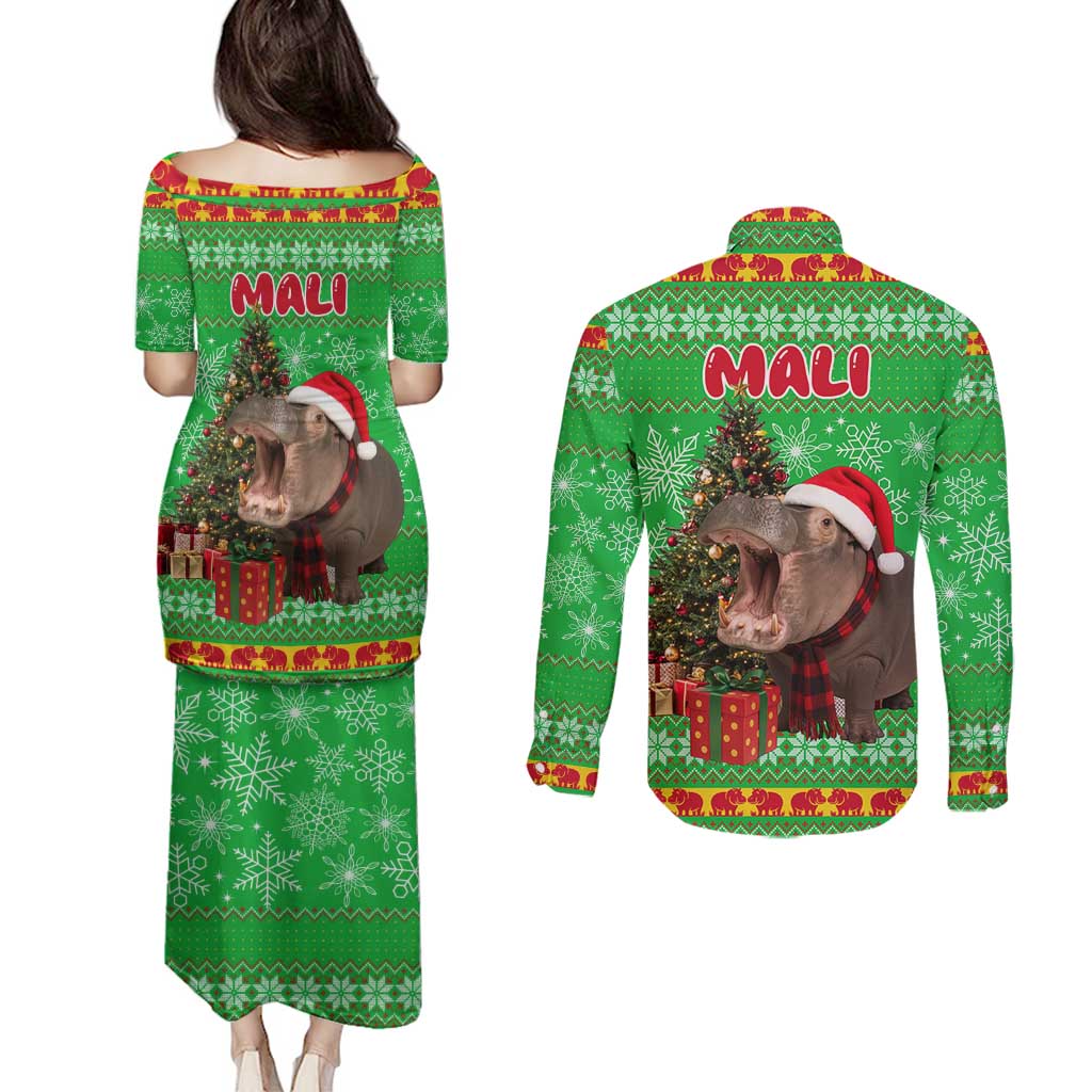 Mali Christmas Couples Matching Puletasi and Long Sleeve Button Shirt with Hippo Santa Hat Snowflakes and Holiday Gift - Wonder Print Shop