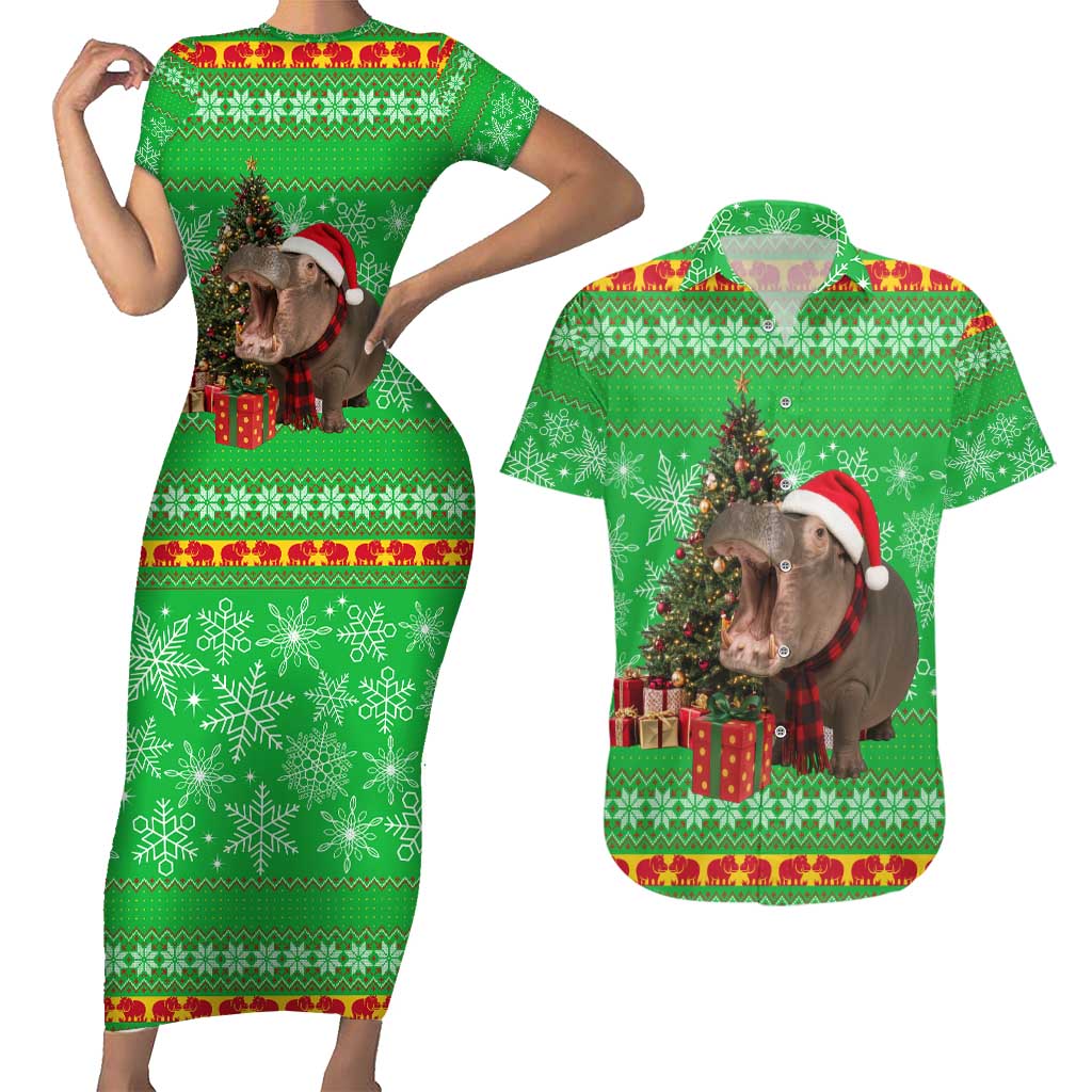 Mali Christmas Couples Matching Short Sleeve Bodycon Dress and Hawaiian Shirt with Hippo Santa Hat Snowflakes and Holiday Gift - Wonder Print Shop