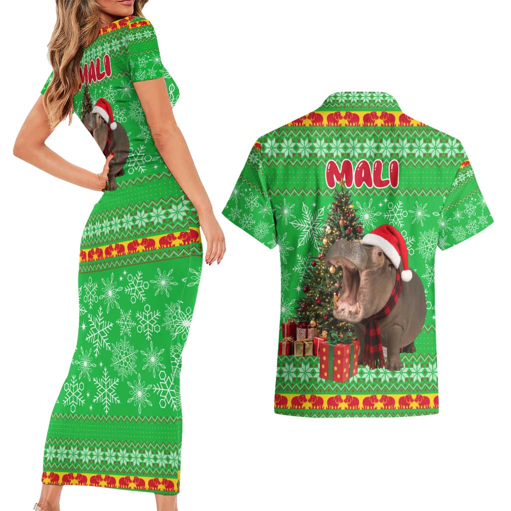 Mali Christmas Couples Matching Short Sleeve Bodycon Dress and Hawaiian Shirt with Hippo Santa Hat Snowflakes and Holiday Gift - Wonder Print Shop