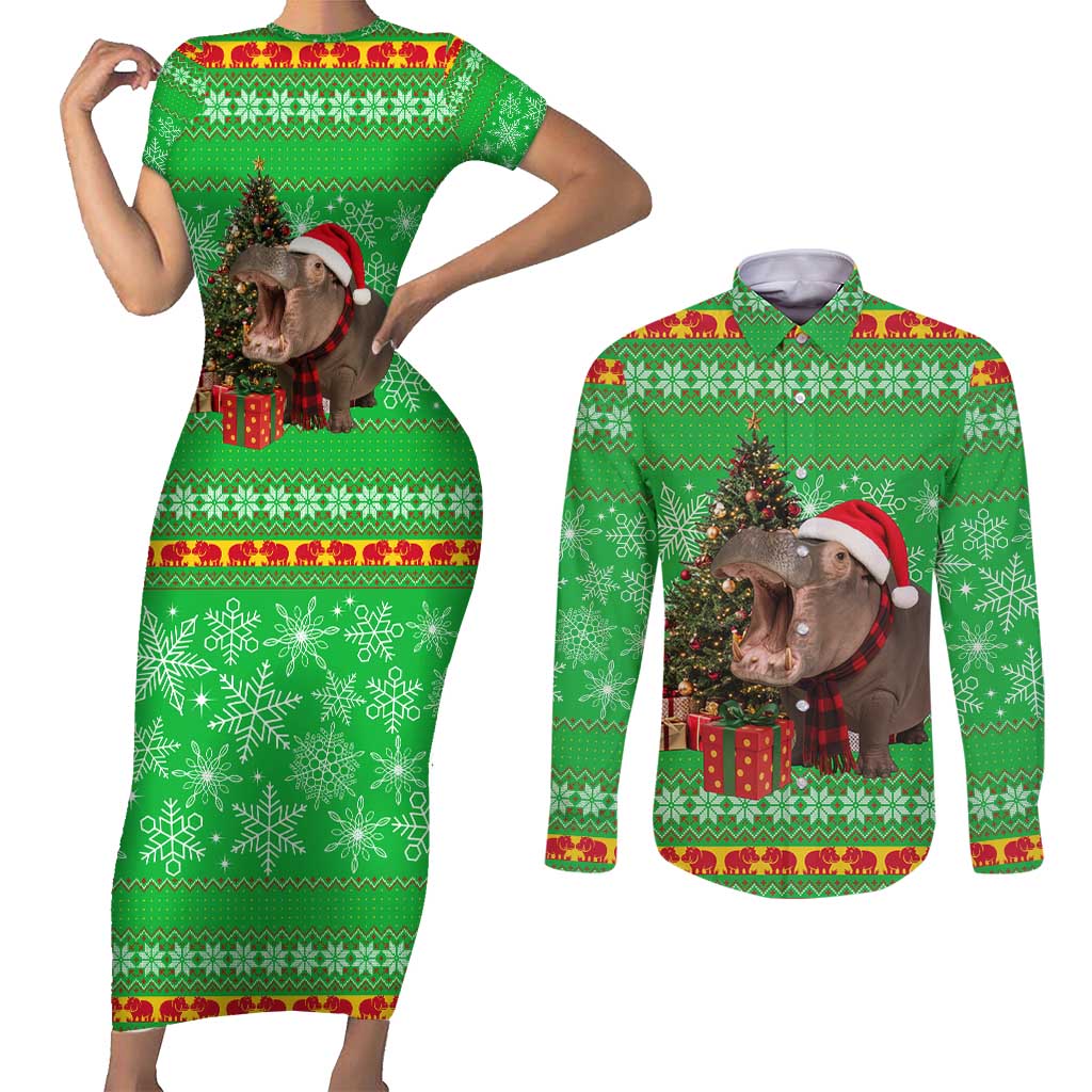 Mali Christmas Couples Matching Short Sleeve Bodycon Dress and Long Sleeve Button Shirt with Hippo Santa Hat Snowflakes and Holiday Gift - Wonder Print Shop