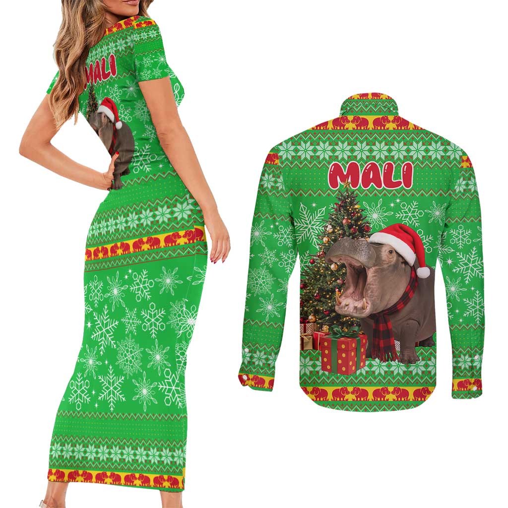Mali Christmas Couples Matching Short Sleeve Bodycon Dress and Long Sleeve Button Shirt with Hippo Santa Hat Snowflakes and Holiday Gift - Wonder Print Shop