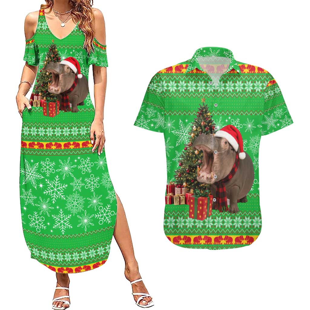 Mali Christmas Couples Matching Summer Maxi Dress and Hawaiian Shirt with Hippo Santa Hat Snowflakes and Holiday Gift - Wonder Print Shop