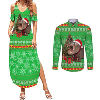 Mali Christmas Couples Matching Summer Maxi Dress and Long Sleeve Button Shirt with Hippo Santa Hat Snowflakes and Holiday Gift - Wonder Print Shop