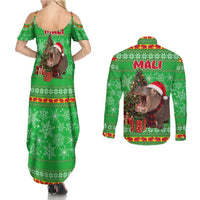 Mali Christmas Couples Matching Summer Maxi Dress and Long Sleeve Button Shirt with Hippo Santa Hat Snowflakes and Holiday Gift - Wonder Print Shop