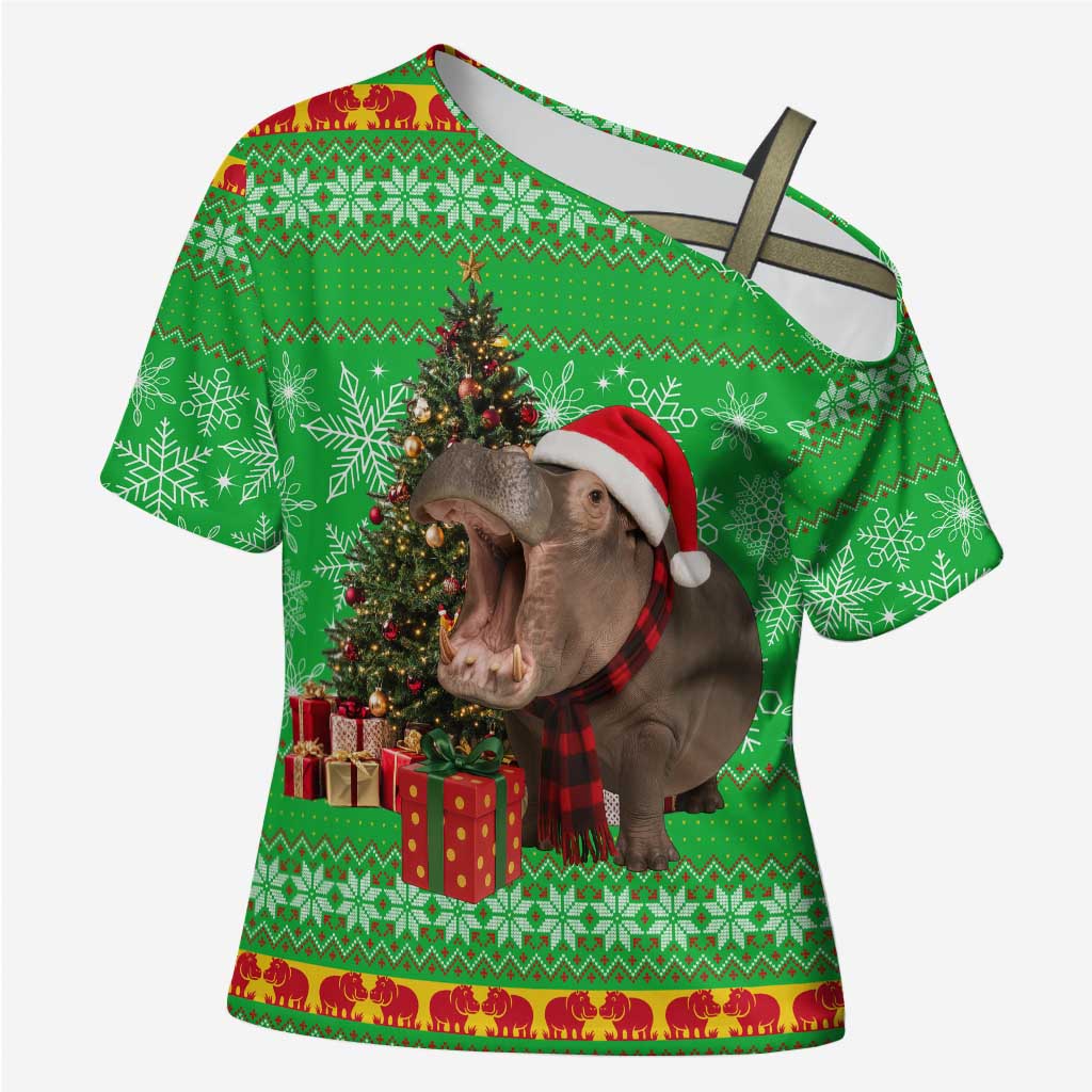 Mali Christmas Cross Shoulder Shirt with Hippo Santa Hat Snowflakes and Holiday Gift - Wonder Print Shop