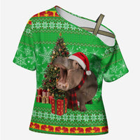 Mali Christmas Cross Shoulder Shirt with Hippo Santa Hat Snowflakes and Holiday Gift - Wonder Print Shop
