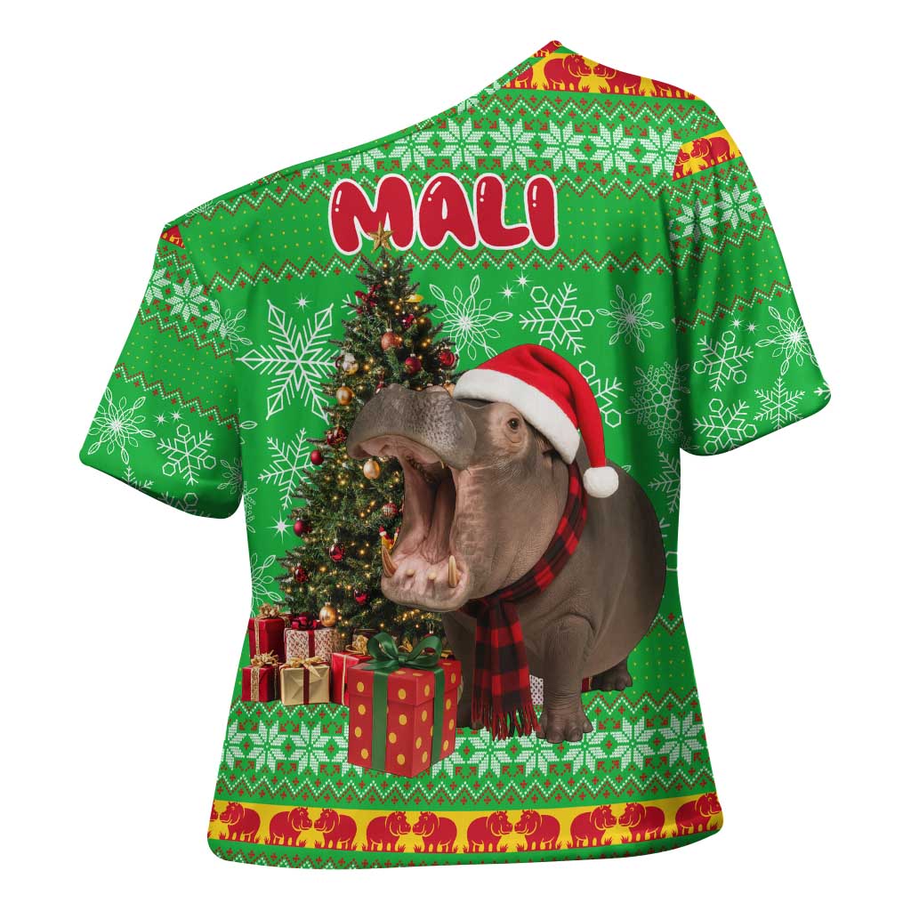 Mali Christmas Cross Shoulder Shirt with Hippo Santa Hat Snowflakes and Holiday Gift - Wonder Print Shop